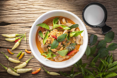 High angle view of soup in bowl on table