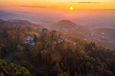 High angle view of trees against sky during sunset in german autumn