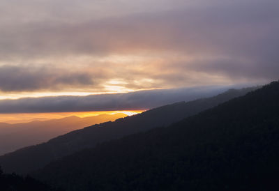 Scenic view of silhouette mountains against sky during sunset