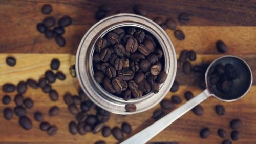 High angle view of coffee beans on table