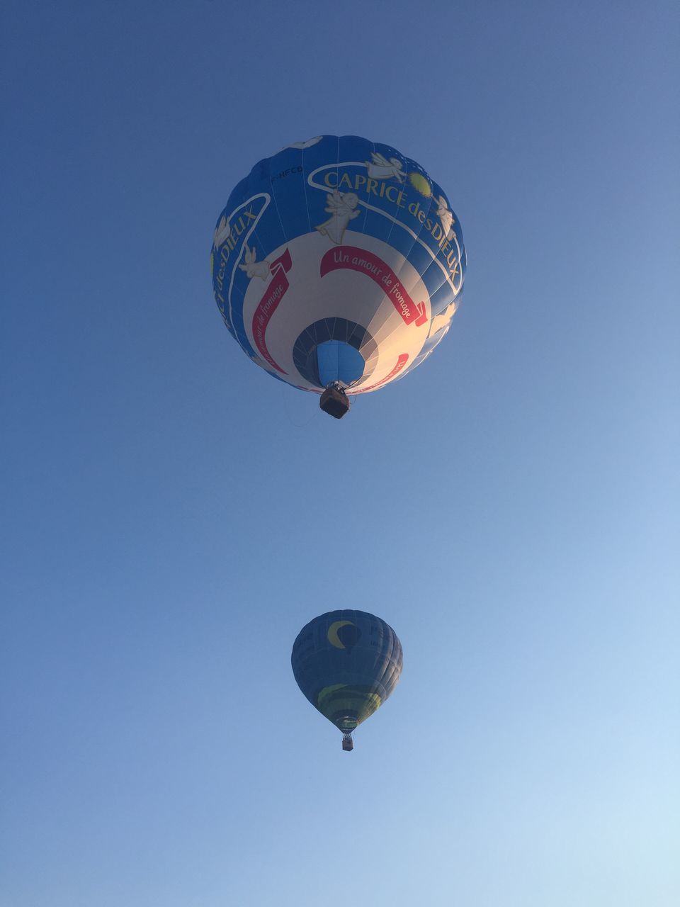 sky, low angle view, mid-air, flying, clear sky, balloon, extreme sports, hot air balloon, blue, air vehicle, parachute, adventure, nature, transportation, day, copy space, sport, outdoors, no people, communication, ballooning festival, parasailing