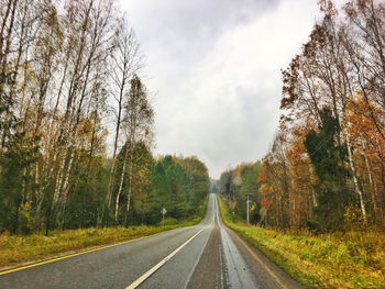 Empty road amidst trees and plants against sky