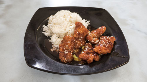 High angle view of meat in plate