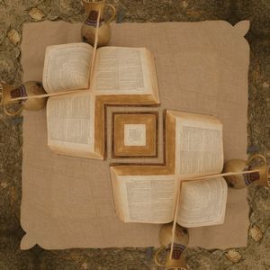 High angle view of books on table