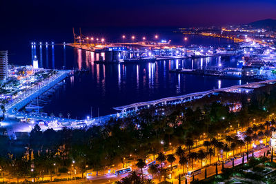 Aerial view of illuminated cityscape against sky at night