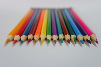 Close-up of colored pencils against white background