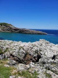 Scenic view of sea against clear blue sky