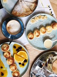 High angle view of breakfast served on table