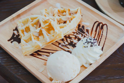 High angle view of dessert in plate on table