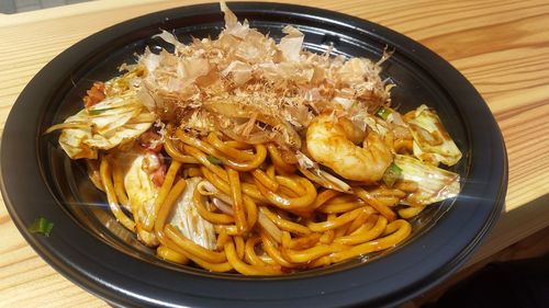 High angle view of food in plate on table