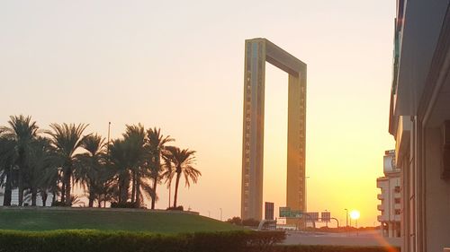Palm trees and buildings against sky during sunset