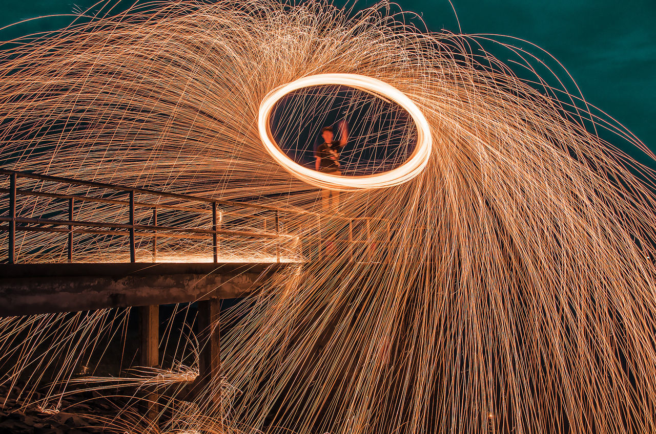 wire wool, long exposure, motion, blurred motion, spinning, one person, illuminated, sign, real people, speed, warning sign, night, glowing, lifestyles, communication, skill, leisure activity, outdoors, circle, nature, light trail, sparks