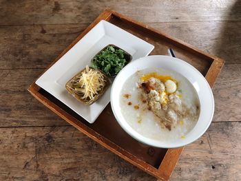 High angle view of food served on table