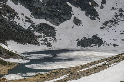 Scenic view of sea and snowcapped mountains during winter