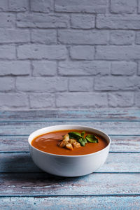 Close-up of soup in bowl on table