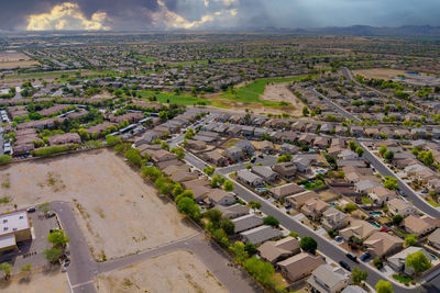 High angle view of agricultural field against sky