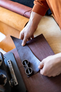 High angle view of person working on table