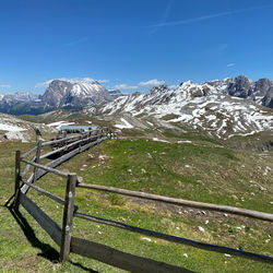 Scenic view of snowcapped mountains against clear blue sky