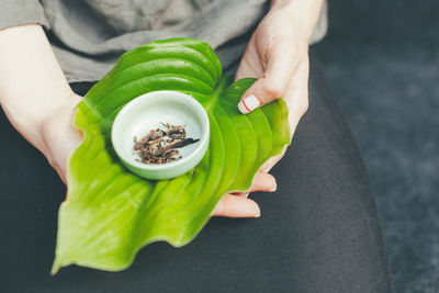 High angle view of hand holding bowl