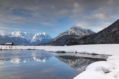 Scenic view of snowcapped mountains against sky