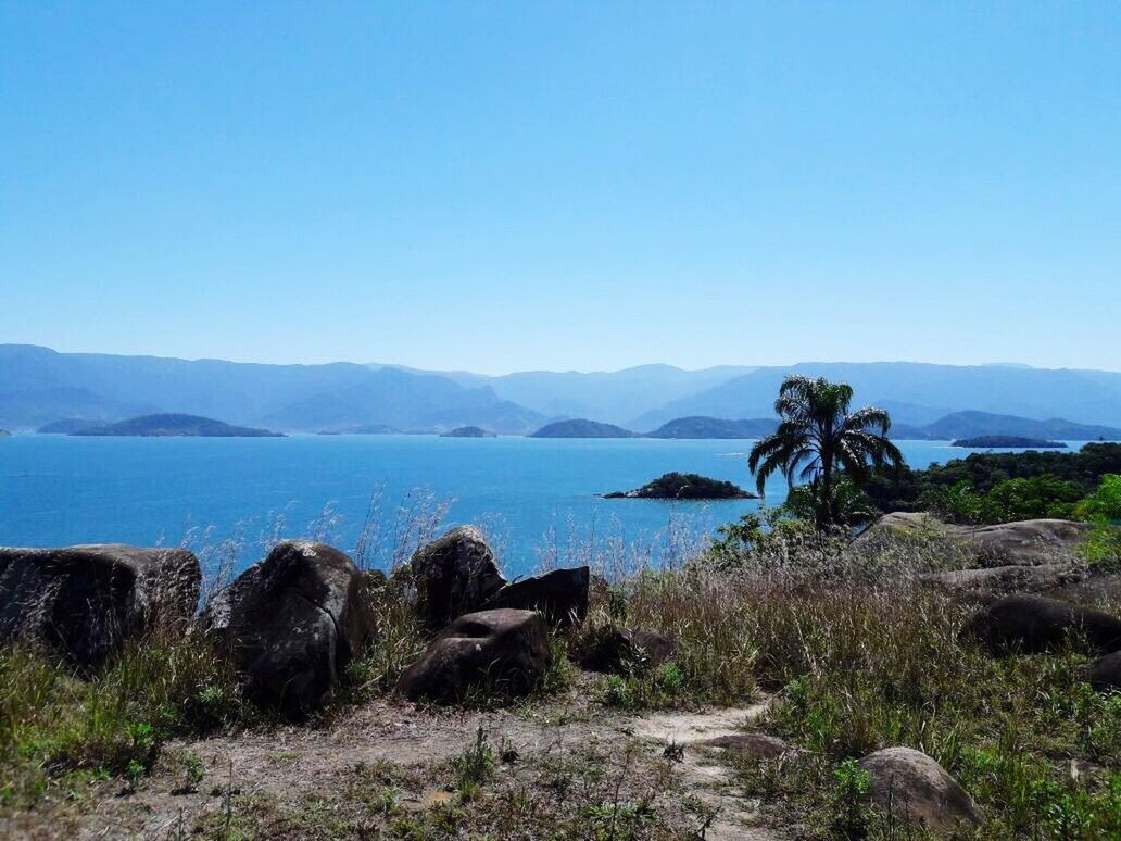 SCENIC VIEW OF SEA AND MOUNTAINS AGAINST CLEAR SKY