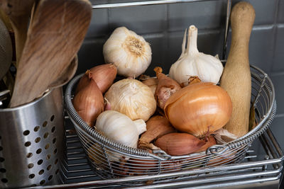 High angle view of eggs in basket