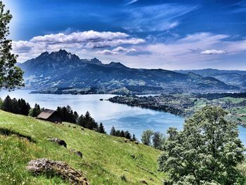 Scenic view of lake and mountains against sky