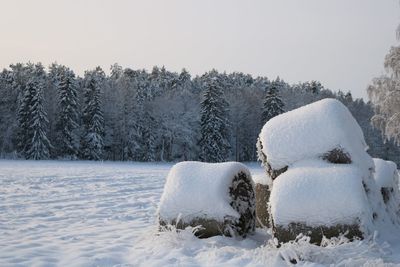 Snow covered landscape against clear sky