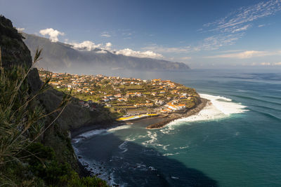 Aerial view of sea and mountains against sky