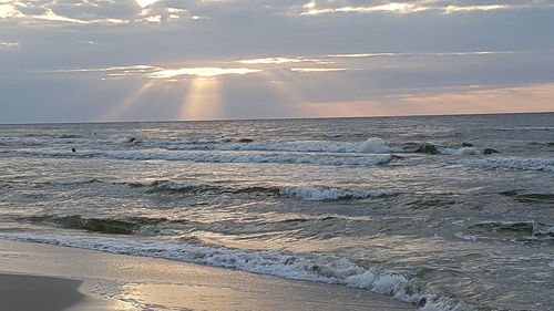 Scenic view of beach against sky during sunset