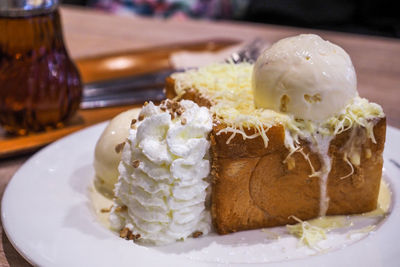 Close-up of cake in plate on table