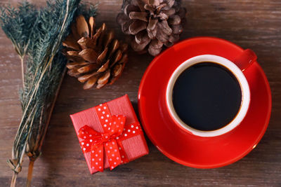 High angle view of coffee cup on table