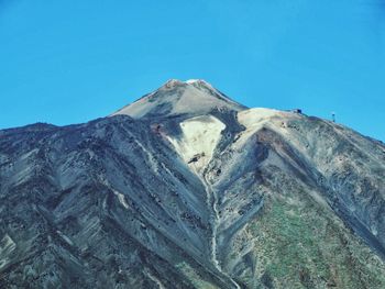 Low angle view of volcanic mountain against clear blue sky