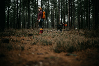 Rear view of woman standing in forest