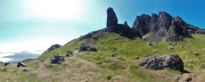 Panoramic view of rocks and mountains against sky