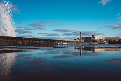 Scenic view of lake against blue sky