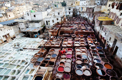 High angle view of tanneries in city