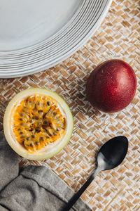 High angle view of breakfast on table