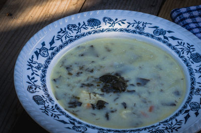 High angle view of soup in bowl