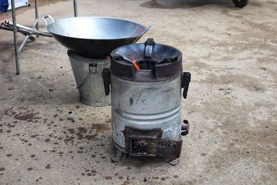 High angle view of fire on barbecue grill
