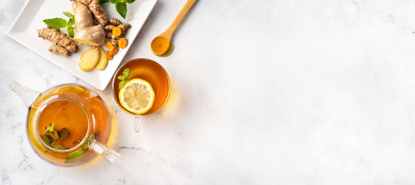 High angle view of fruits in container on table