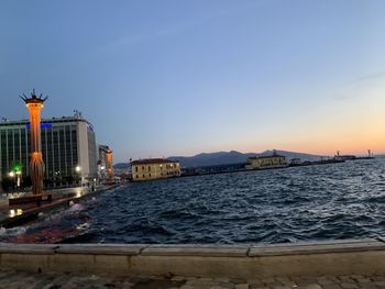 City at waterfront during sunset