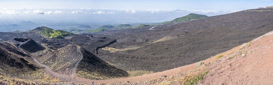 A silvestre crater of the etna volcano with the plain of catania in the background