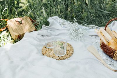 High angle view of wicker basket on table