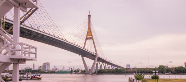 View of suspension bridge with city in background