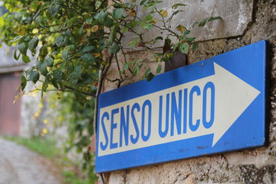 Close-up of information sign against wall