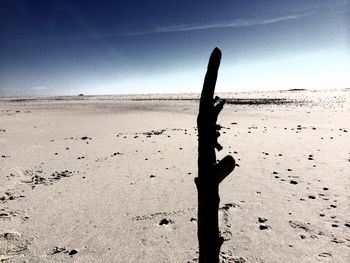 Close-up of silhouette wooden post on beach against sky