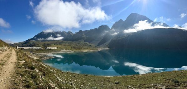 Panoramic view of lake and mountains against sky