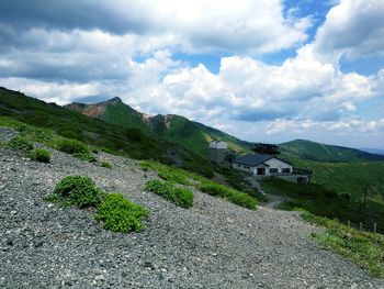 Scenic view of building and mountains against sky