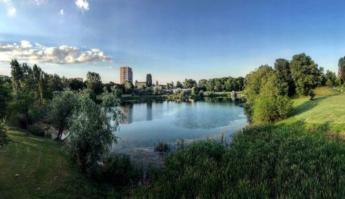Panoramic view of trees and city against sky